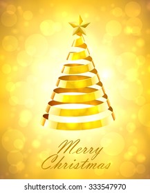Abstract Gold Ribbon Christmas Tree On Gold Background. Abstract Gold New Year Tree On Gold Background