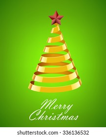 Abstract Gold Ribbon Christmas Tree On Green Background. Abstract Gold New Year Tree On Green Background