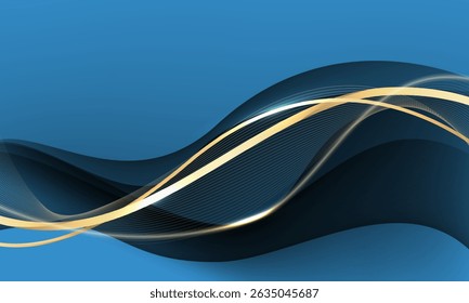 Abstract gold ribbon curve overlap on blue design modern luxury background vector illustration.