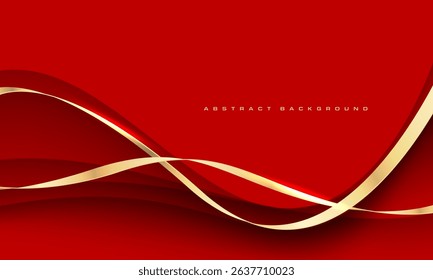Abstract gold ribbon curve overlap on red luxury background vector illustration.