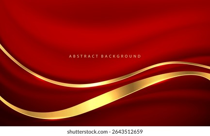 Abstract gold ribbon curve overlap on red luxury background vector illustration.