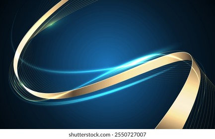 Abstract gold ribbon luxury wave curve on blue design modern creative background vector illustration.