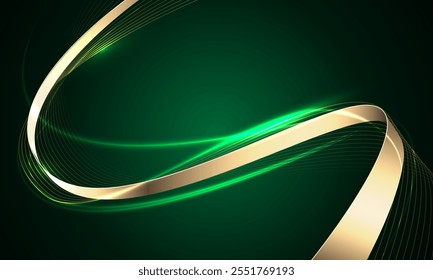 Abstract gold ribbon luxury wave curve on green design modern creative background vector illustration.