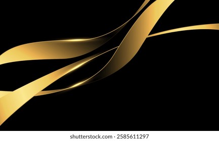 Abstract gold ribbon wave curve overlap on black design luxury background vector illustration.