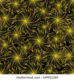Abstract gold seamless pattern with geometrical stars, flowers or fireworks sparks.