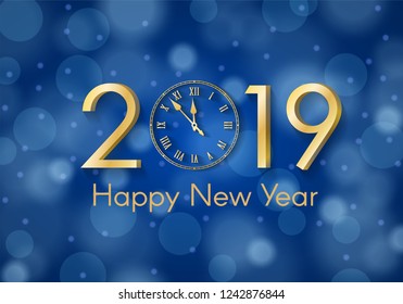 Abstract gold shining New Year 2019 concept on blue ambient blurred background. Luxury design. Vector illustration
