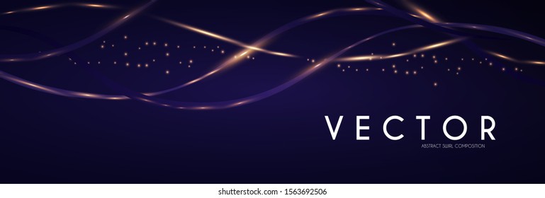 Abstract gold shining waves on blue background. Magic elegant space.