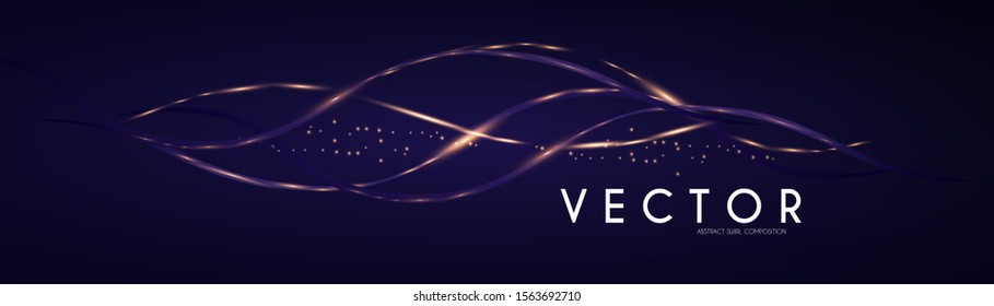 Abstract gold shining waves on blue background. Magic elegant space.
