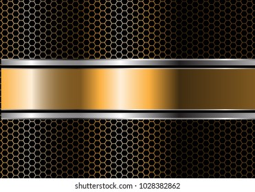 Abstract gold silver black line banner overlap on metal hexagon mesh design modern luxury futuristic background vector illustration.