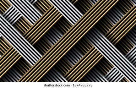 Abstract gold and silver diagonal stripes lines weave pattern. Luxury and elegant. 3d golden and silvery stripes background. Abstract diagonal gold and silver metallic background.Vector illustration