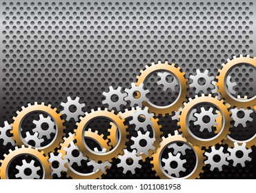 Abstract gold silver gears overlap on metal circle mesh design modern industrial background texture vector illustration.
