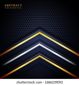 Abstract gold and silver metallic geometric triangle layers on dark blue background. Vector illustration