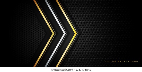 Abstract gold and silver metallic geometric triangle layers on black metal background. You can use for ad, poster, template, business presentation. Vector illustration