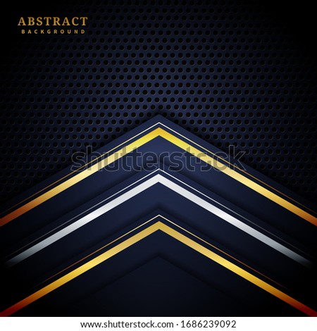 Abstract gold and silver metallic geometric triangle layers on dark blue background. Vector illustration
