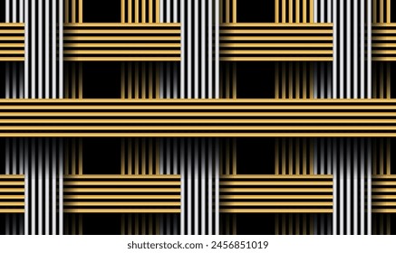 Abstract Gold and Silver stripes Weave Pattern. Abstract 3d geometric background with cylinder shapes. Lattice, grating, mesh. Gold metal ornament background for poster, cover, branding,banner. Vector