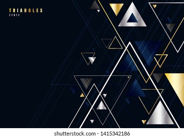 Abstract gold and silver triangles shape and lines on black background for business luxury style. Geometric design element for elegant with copy space. Vector illustration