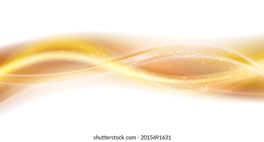 Abstract gold smoke wave backround. Stylized motion wavy illustration. Soft yellow silky lines created using blend tool on white backdrop. Curved smooth stripes. Design template for banner or flyer