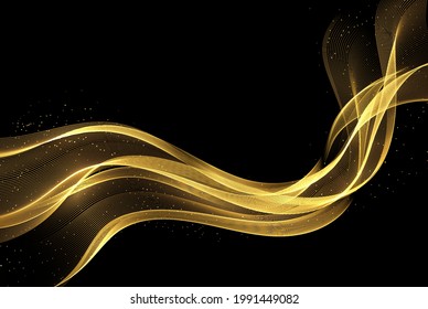 Abstract Gold smoke Waves. Shiny golden moving lines with glitter effect on dark background for gift, greeting card and disqount voucher, wedding invitation. Awarding background