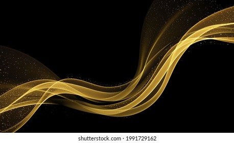 Abstract Gold smoke Waves. Shiny golden moving lines design element with glitter effect on dark background for gift, greeting card and disqount voucher. Awarding background