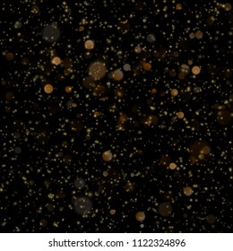 Abstract gold sparkle shine light confetti bokeh on glittering black background. Luxury shimmer texture template. EPS 10