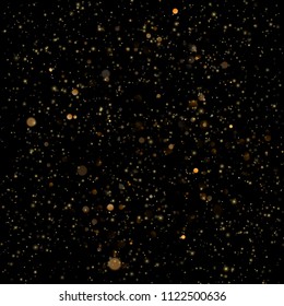 Abstract gold sparkle shine light confetti bokeh on glittering black background. Luxury shimmer texture template. EPS 10