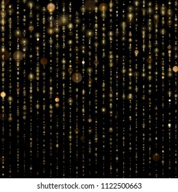 Abstract gold sparkle shine light confetti bokeh on glittering black background. Luxury shimmer texture template. EPS 10
