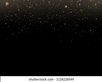 Abstract gold sparkle shine light confetti bokeh on glittering black background. Luxury shimmer texture template. EPS 10