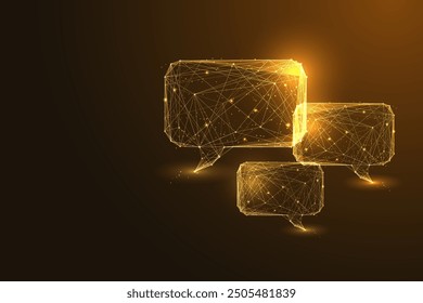 Abstractas burbujas de discurso de oro sobre un fondo marrón oscuro. El diseño destaca la comunicación moderna y el diálogo elegante. La Ilustración vectorial conceptual futurista enfatiza la interacción digital 