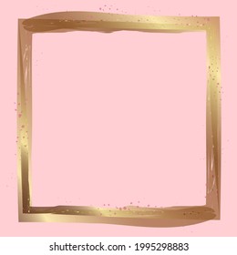 Abstract gold square frame on a pink background for concept design. Vintage style. Grunge texture. Interior concept. Golden border design. Wedding design. Vector image.
