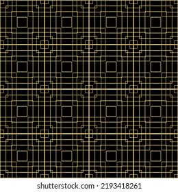 Abstract gold stacked square frame spirograph shapes seamless technology pattern on the black background. Vector illustration. Wrapping paper.