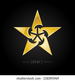 The Abstract Gold star with arrows vector design element on black background. Corporate logotype template