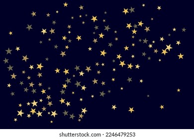 Abstract gold star of confetti. Falling starry background. Random stars shine on a black background. The dark sky with shining stars. Flying confetti. Suitable for your design, cards, invitations. 