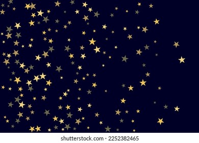 Abstract gold star of confetti. Falling starry background. Random stars shine on a black background. The dark sky with shining stars. Flying confetti. Suitable for your design, cards, invitations. 