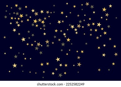 Resumen estrella de oro de confetti. Se está cayendo el fondo estrellado. Las estrellas al azar brillan en un fondo negro. El cielo oscuro con estrellas brillantes. Confeti volador. Adecuado para tu diseño, tarjetas, invitaciones. 