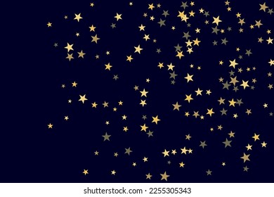 Resumen estrella de oro de confetti. Se está cayendo el fondo estrellado. Las estrellas al azar brillan en un fondo negro. El cielo oscuro con estrellas brillantes. Confeti volador. Adecuado para tu diseño, tarjetas, invitaciones. 