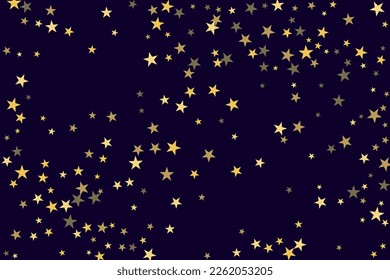 Abstrakter Goldstar der Konfetti. Sinkender sternder Hintergrund. Zufällige Sterne glänzen auf schwarzem Hintergrund. Der dunkle Himmel mit leuchtenden Sternen. Fliegender Konfetti. Geeignet für Ihr Design, Karten, Einladungen. 