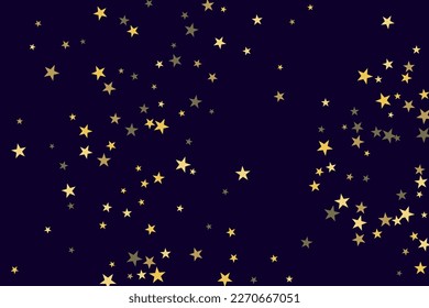 Abstrakter Goldstar der Konfetti. Sinkender sternder Hintergrund. Zufällige Sterne glänzen auf schwarzem Hintergrund. Der dunkle Himmel mit leuchtenden Sternen. Fliegender Konfetti. Geeignet für Ihr Design, Karten, Einladungen. 