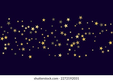 Abstract gold star of confetti. Falling starry background. Random stars shine on a black background. The dark sky with shining stars. Flying confetti. Suitable for your design, cards, invitations. 