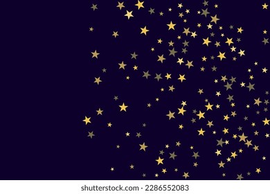 Abstract gold star of confetti. Falling starry background. Random stars shine on a black background. The dark sky with shining stars. Flying confetti. Suitable for your design, cards, invitations. 