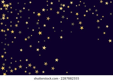 Abstract gold star of confetti. Falling starry background. Random stars shine on a black background. The dark sky with shining stars. Flying confetti. Suitable for your design, cards, invitations. 