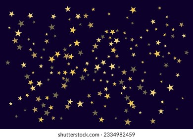 Abstract gold star of confetti. Falling starry background. Random stars shine on a black background. The dark sky with shining stars. Flying confetti. Suitable for your design, cards, invitations. 