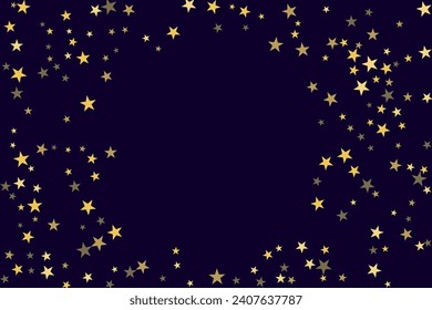 Abstract gold star of confetti. Falling starry background. Random stars shine on a black background. The dark sky with shining stars. Flying confetti. Suitable for your design, cards, invitations. 
