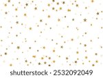 Abstract gold star confetti pattern on a white background. Yellow, orange and golden star wallpaper. Golden star glitter. Texture of gold foil.