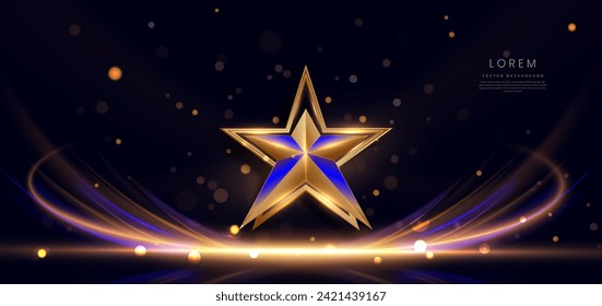 Abstract gold star with light ray on dark blue background with lighting effect sparkle. Luxury template celebration award design. Vector