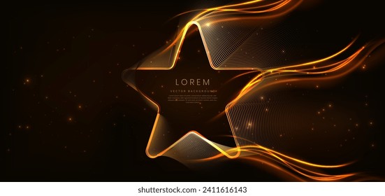 Abstract gold star lines on black background with lighting effect bokeh and copy space for text. Luxury design style.