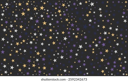 Abstract gold star pattern with cosmic blue, starry gold, moonlight gray, and violet. Starry pattern with golden star glitter for celestial and mystical designs.