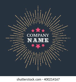 Abstract gold starburst frame on black background. Vector illustration for retro vintage design. Sun pattern icon. Shine sunlight symbol. Old ray decoration. Gold decorative art with place for logo