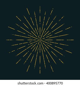 Abstract Gold Starburst Frame On Black Background. Vector Illustration For Retro Vintage Design. Sun Pattern Icon. Shine Sunlight Symbol. Old Ray Decoration. Gold Decorative Art With Place For Logo