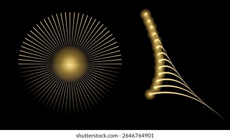 Abstract gold stars rays gradient banner modern design with glow wavy lines, dynamic fluid lights flame elements and shapes icons frames for brochure cover luxury background template vector signs set