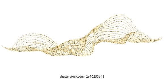 Abstract gold stipple flow wave, particle undulate pattern. Golden curved dashed gradient net. Vector dotted fluid wave line background for holiday design